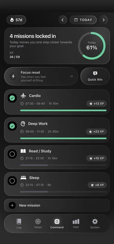 CTRL, our self-improvement app: today's missions with streaks, XP and a progress ring